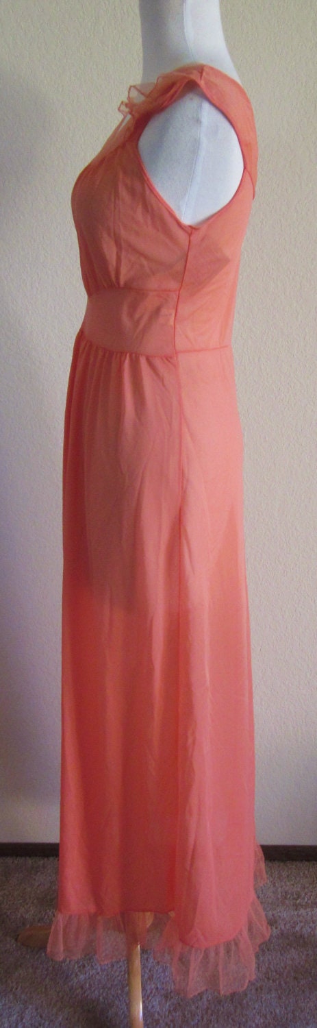 Peach-Tangerine-Nylon-Negligee-Ruffled Nylon Negligee-Peach