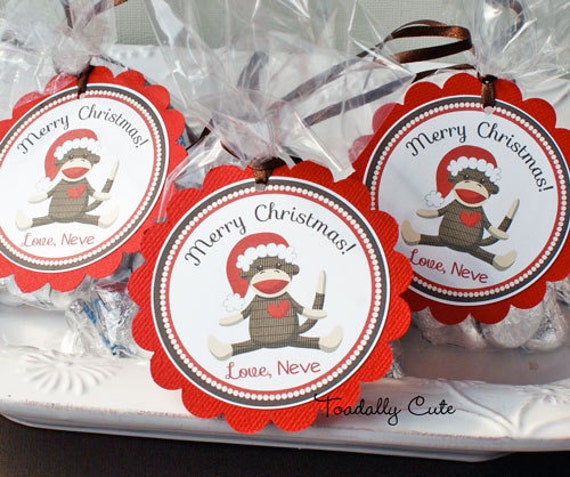 Christmas Sock Monkey, Favor Tags, personalized Il_570xn