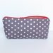 Grey Polka Dot Pencil Case. Red Zippered Cosmetic Pouch