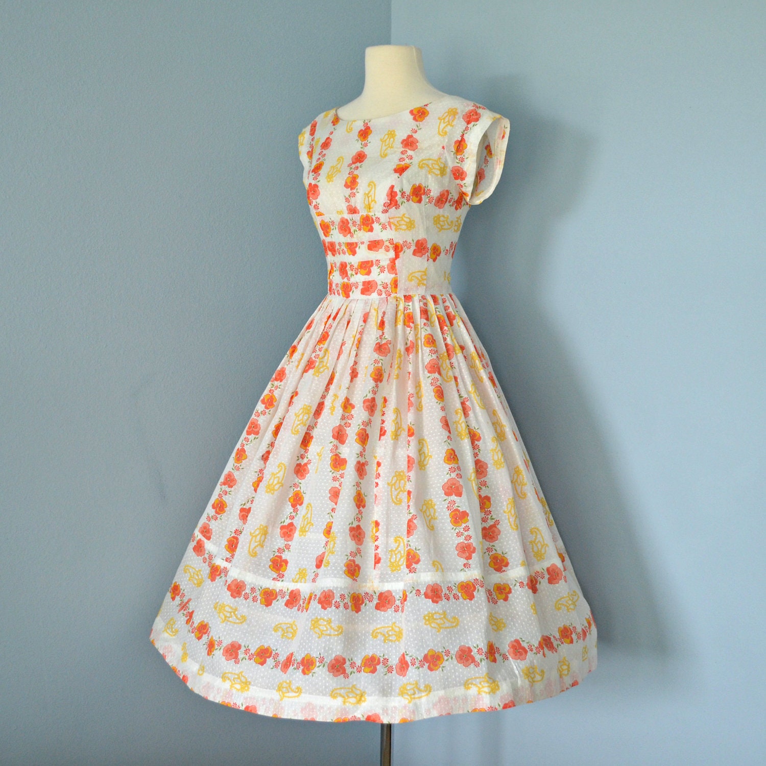 Vintage Summer Dress...1950s Semi Sheer Floral Print Cotton