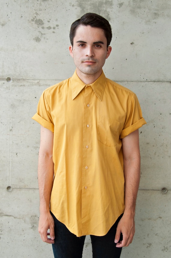 Vintage Short Sleeve Mustard Yellow Dress Shirt For Men Vintage Short Sleeve Mustard Yellow Dress Shirt For Men