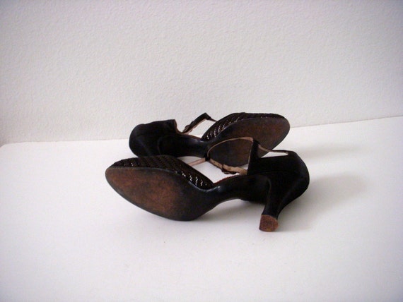 Vintage 20s Black Flapper Shoes 1920s Black Satin T Strap