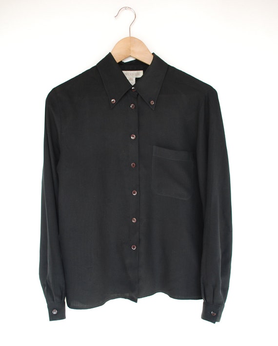 90s Black SILK Oxford Blouse with Chest Pocket S-M