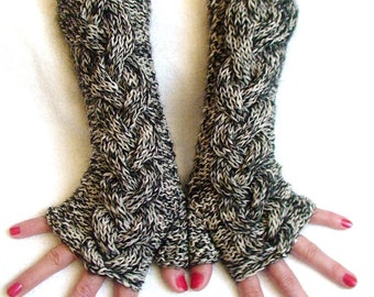 Fingerless Gloves Tweed Cabled Arm Warmers in Black and White