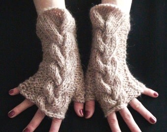 Fingerless Gloves Cabled Wrist Warmers in Light Brown Warm