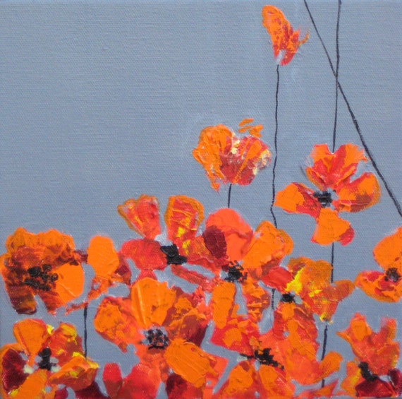 ORIGINAL orange POPPY PAINTING 8x8 orange red