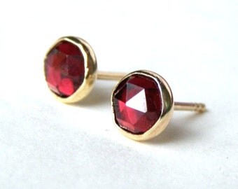 Solid gold earrings, Valentine's Day Gift, Gold studs ,Fine Gold earrings, gold studs ,Red Garnet Earrings, Gift for her, gift idea