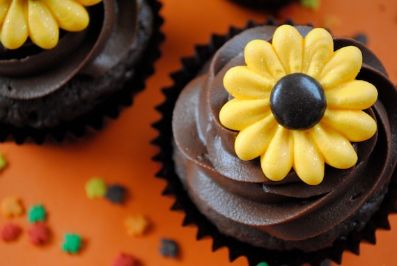Sunflower Cake Decorations- Royal Icing- Made with Chocolate Candy Centers- Golden & Brown- Cupcake Topper (12)