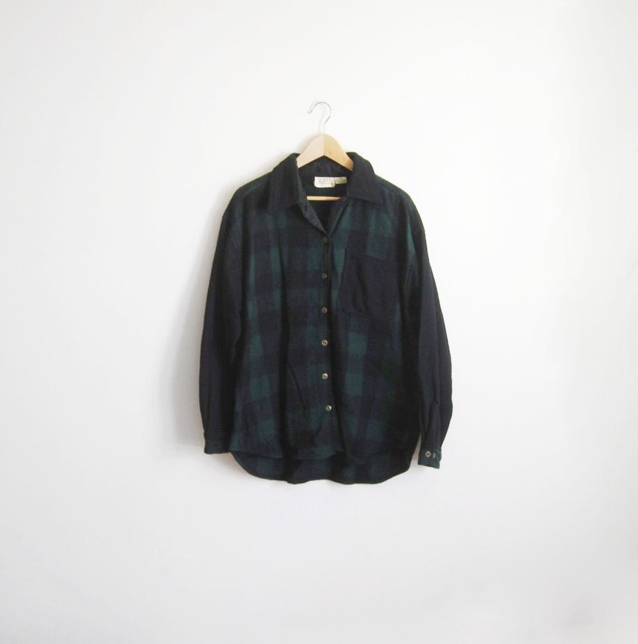 Vintage Green Black Buffalo Plaid Wool Shirt Jacket