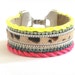 Neon friendship bracelet cuff with swarovski rhinestones and hair on hide leopard leather with twisted neon silk cord - bohemian hippie