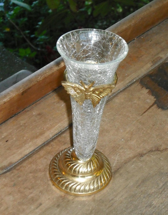 Vintage Brass Butterfly Crackle Glass Vase Clear Crackled Cone