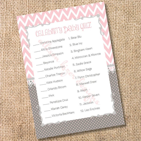 425 New baby shower game celebrity babies 17 Pink Baby Girl Shower Game Celebrity Babies Pink and Gray Chevron   