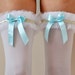 LOLA White Opaque Ruffles Thigh High stockings with light Blue satin Bow - wedding pantyhose