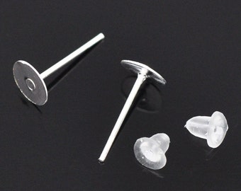 50 Pieces 25 Pair Silver Stud Earring Blanks FREE Rubber Backs 6mm Glue Pad 11mm X 1mm Nickel Free Lead Free