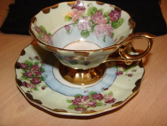 Lefton China Cup And Saucer Hand Painted Flowers Gold Trim