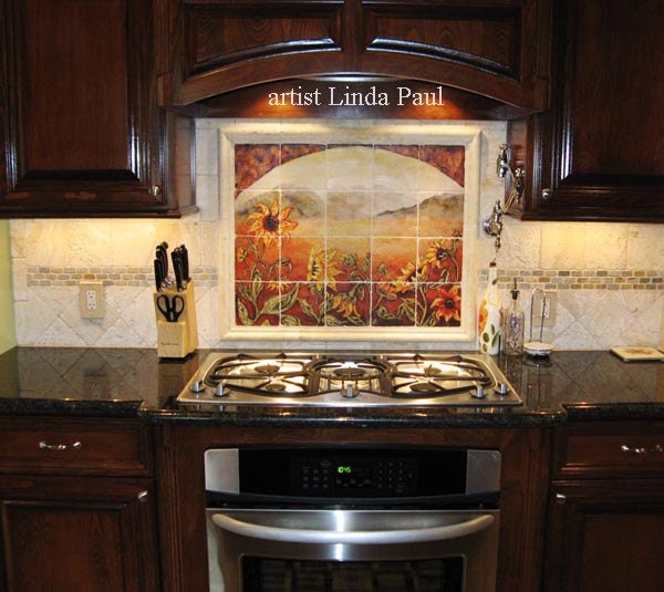 Sunflower Kitchen Tile backsplash of Sunflowers by lindapaul