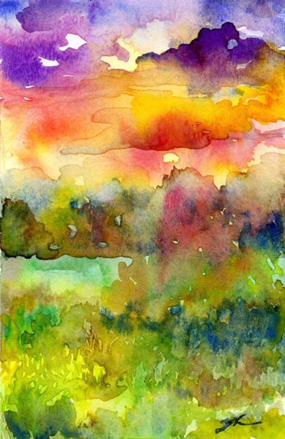 Original Watercolour Landscape painting Sunset Sky