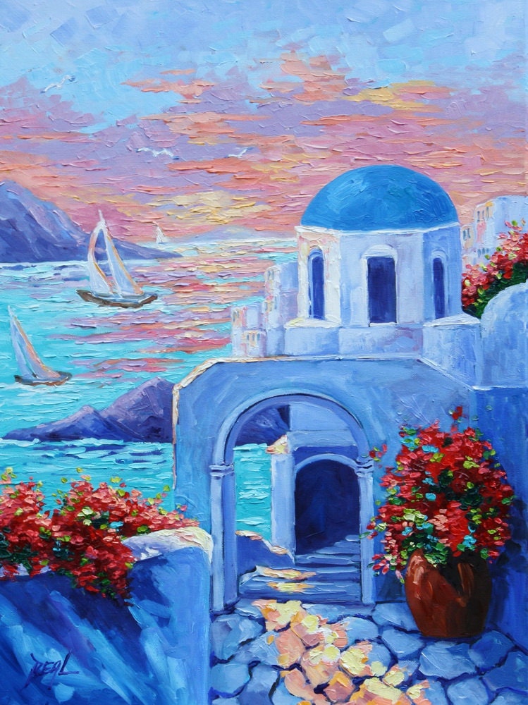 Oil Painting Sunrise Santorini Original rbealart Flowers