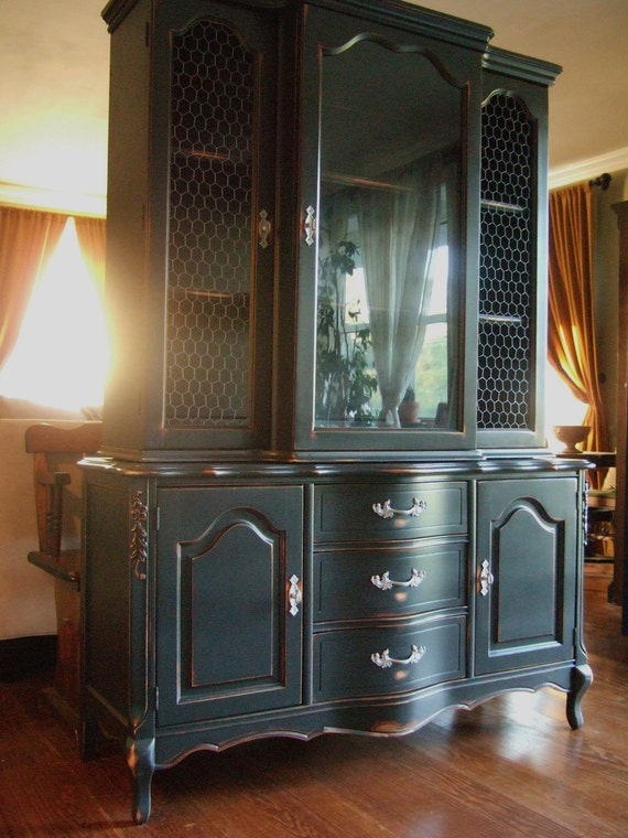 Distressed Black French Country Hutch