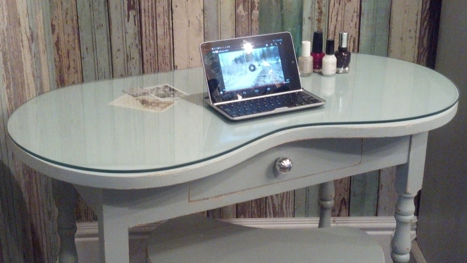 RESERVED/Vintage Kidney Shaped Vanity Desk with Stool