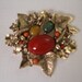 Vintage "1928" Designer Coral, Jade & Amber Lucite Gold Ivy Leaf Vine Embossed Brooch