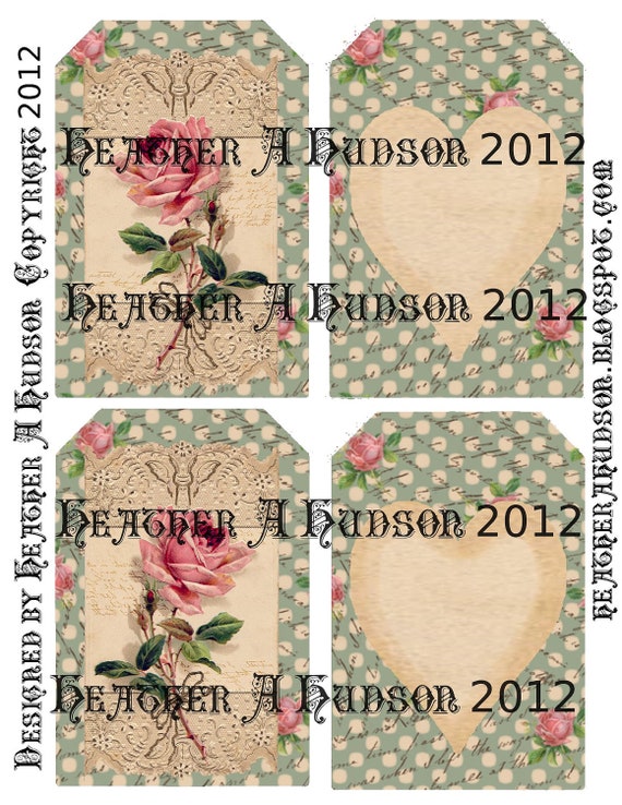 Shabby Vintage Soft Green Roses Digital Collage tags