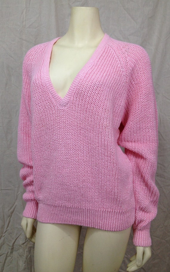 Vintage Forenza Sweater Deep V neck 1985 1980s pink metallic