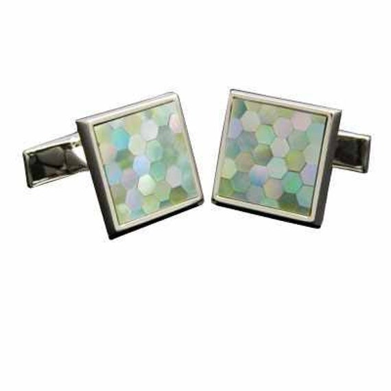 Green Hexagon mosaic shell cuff (cuff button cuff links).