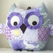 Medium Patchwork Owl Pillow Plush Stuffed Toy - Purple and Gray