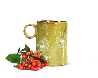Hand Painted Ceramic Mug Olive green tea cup Dandelion Rustic Coffee Mug Minimal Spring Kitchen Decor