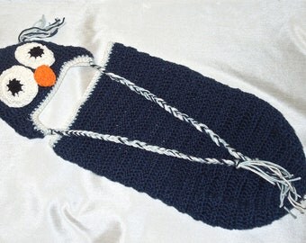 Crochet Baby Cocoon, Hat Set, Newborn, Owl, Navy Blue, Earflap Hat ...