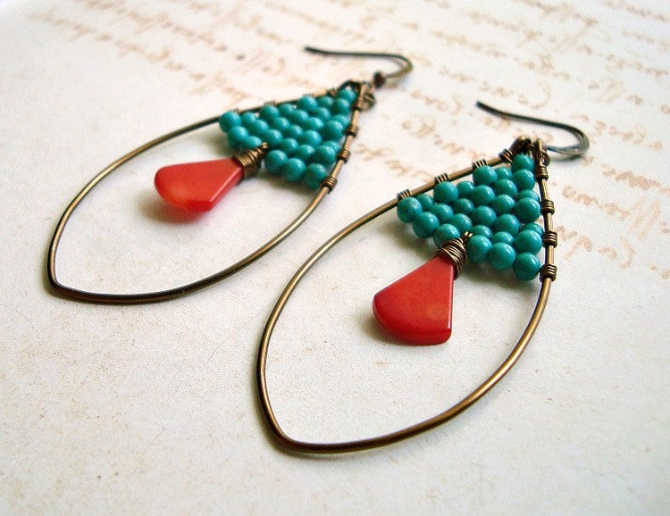 Turquoise Red Coral Earrings Brass Coated by BellaAnelaJewelry