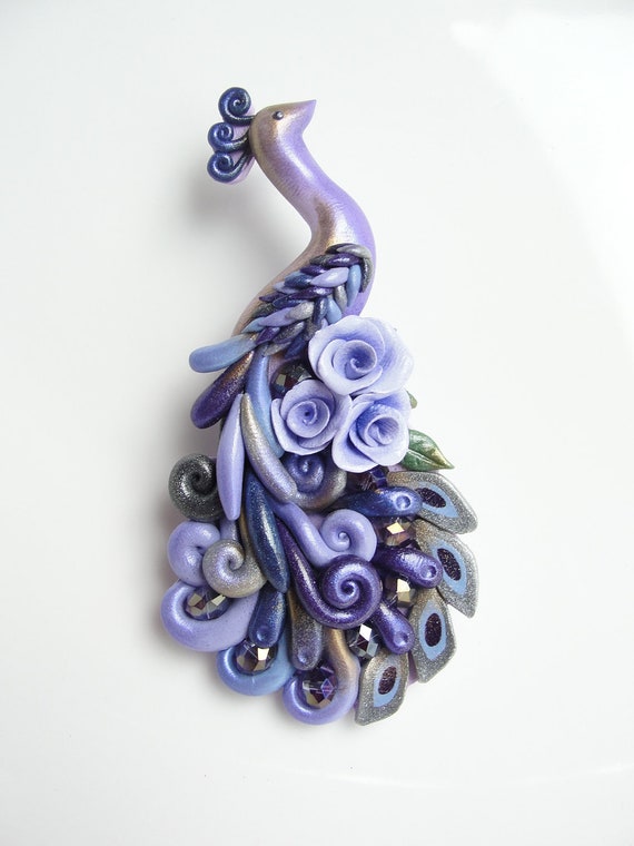 Peacock brooch pin in lilac and purple hand made from polymer