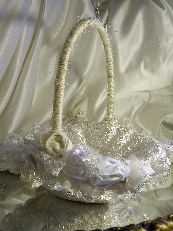 Flower Girl Basket handmade of ivory satin and lace and