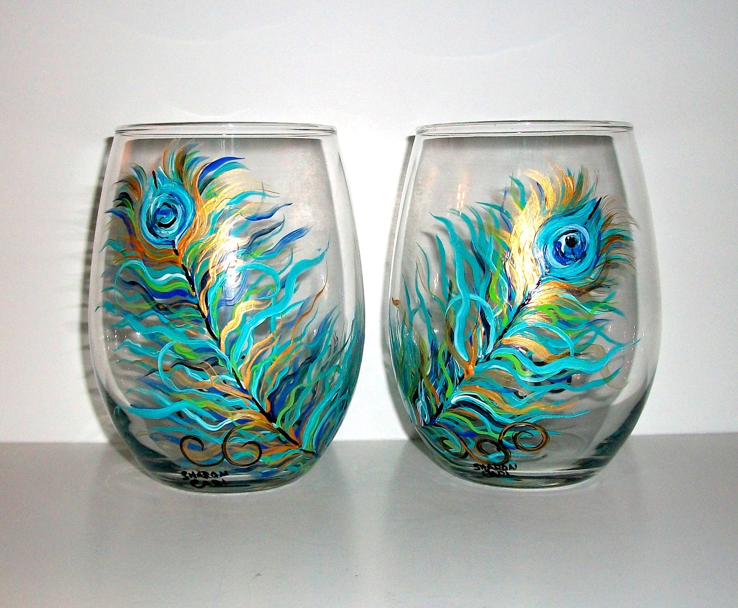 Peacock Feathers Hand Painted Stemless By Sharonscustomartwork