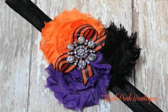 Adorable Halloween baby headband in black purple and orange, shabby chic headband, flower trio headband,baby girl headband, baby bows. by ThinkPinkBows