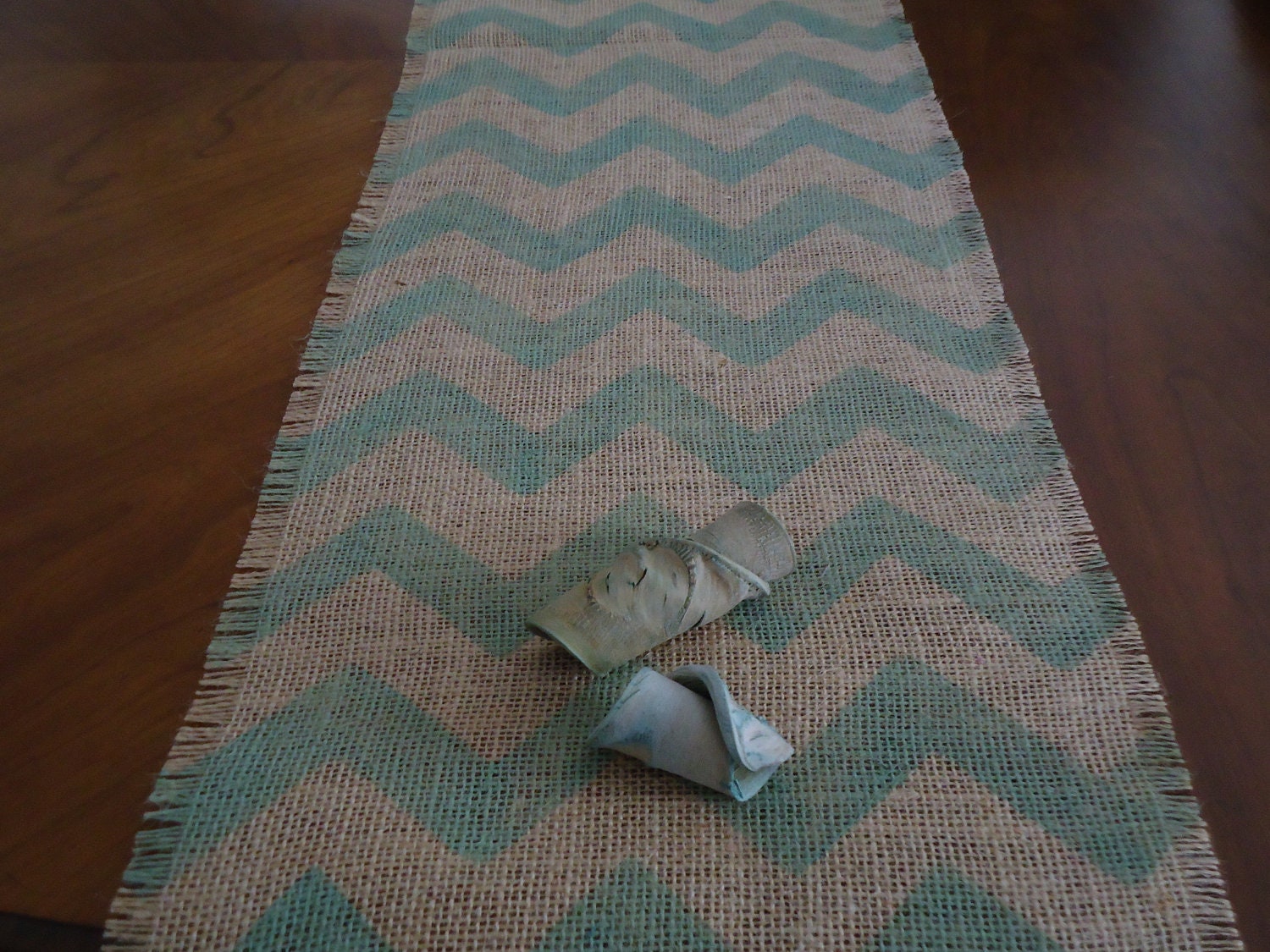 Grain Runner Sack Burlap sweetjanesplan Table table runner  Chevron Aqua table on by round