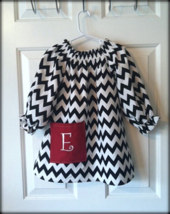 Items similar to Black and White Chevron Peasant with Initial on Pocket ...