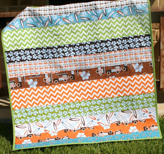 Surfer Boy Quilt Striped Surf Boards Nautical Ocean Beach