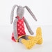 Plush Gray rabbit made from knitted pure silk , wearing red burgundy dress dotted pink and yellow socks , timo- handmade fabric doll