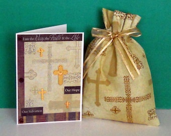 Gold Cross Small Fabric Gift Bag - Crosses, Religious, Inspirational, Spiritual, Christian, Ministry, Faith, Easter