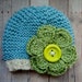 Baby Beanie Hat in Robin Egg Blue, Off white with Green Crochet Flower and Button Center Shabby Chic Hippie Style Baby Photo Prop