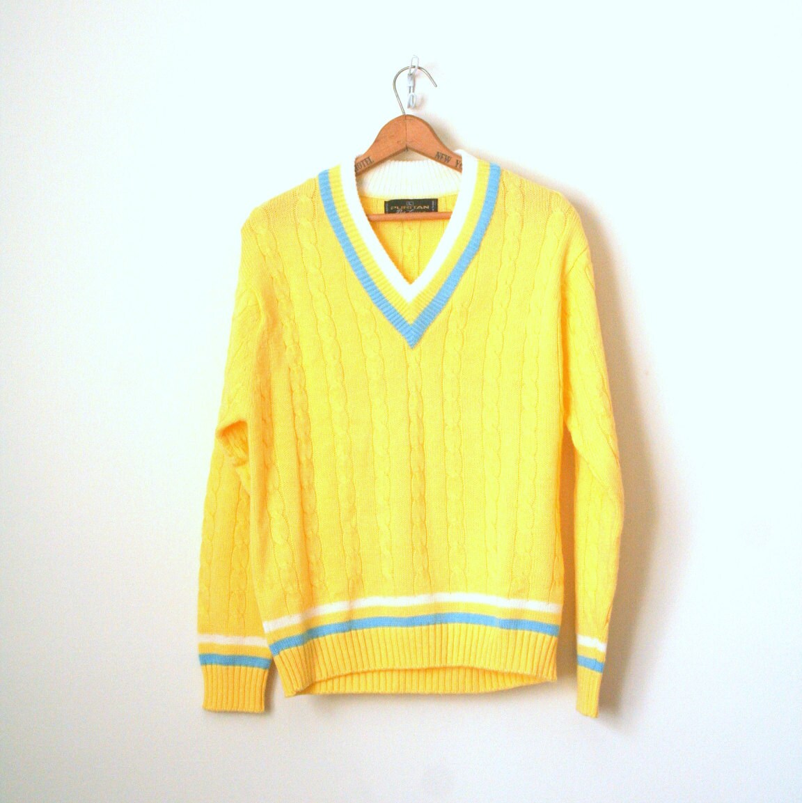 vintage TENNIS SWEATER lemon yellow PREP 1980's cable knit