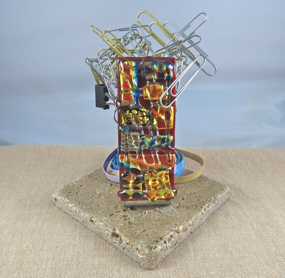 Dichroic Glass Paper Weight Desk Organizer Red Copper Gold