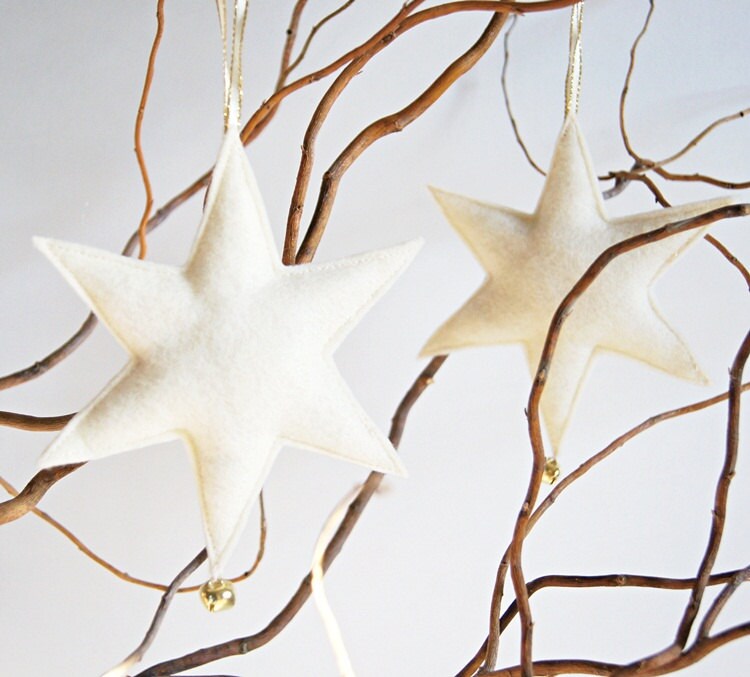 White Star Christmas Ornament/ Cream With Gold Jingle Bell/ Eco Felt / Handmade/ Ready to Ship