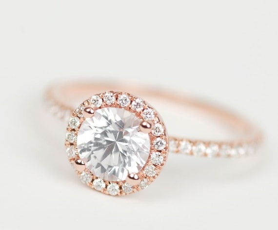 Certified White Sapphire Diamond 14k Rose White or Yellow Gold Halo Engagement Ring