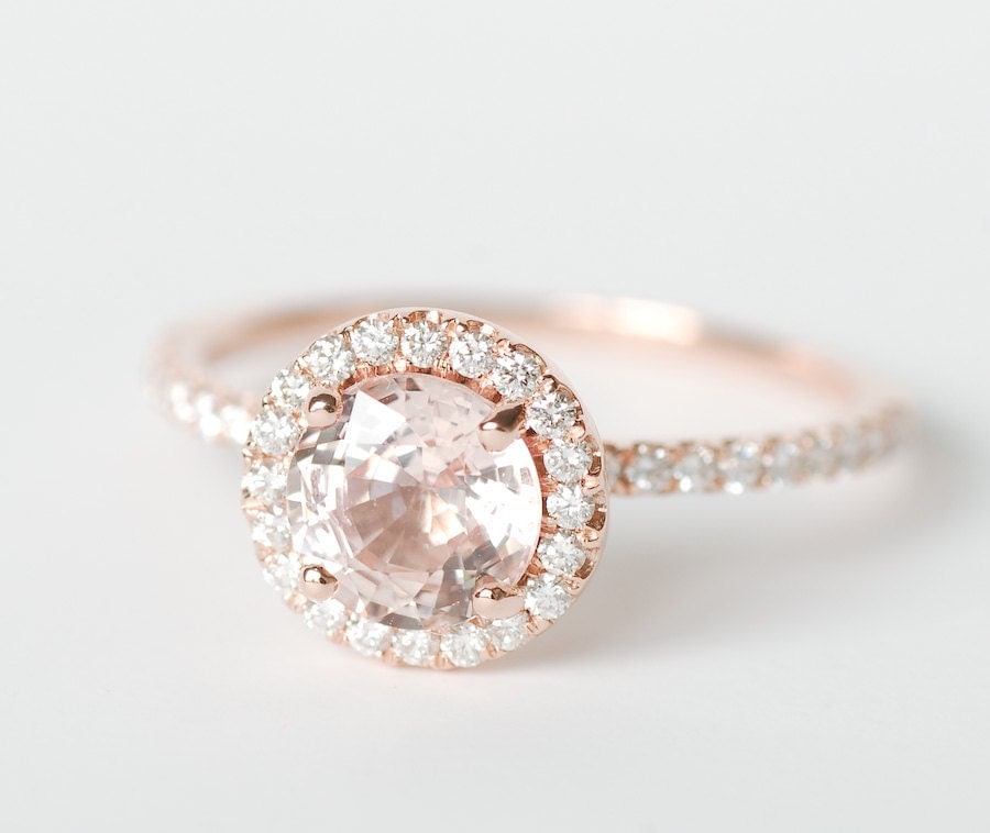 Certified Peach Pink Champagne Round Sapphire Diamond Halo