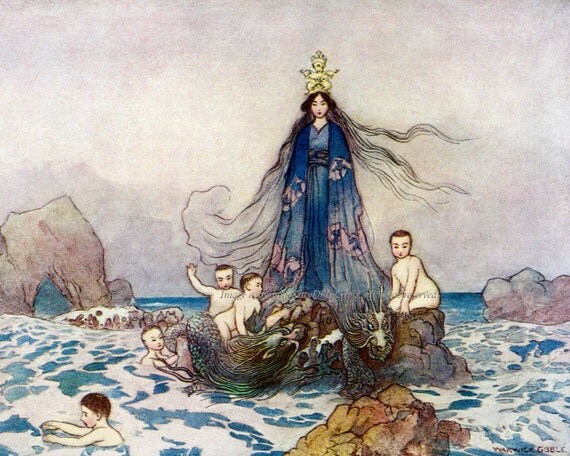 Japanese Goddess of Sea and Song w Sea Serpents Benten Warwick