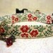 Small mini dog collar - Red Daisies on an Off White Background with a Flower and Jasper Charm on Antique Brass