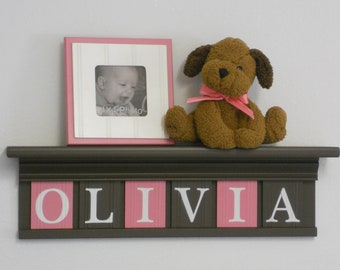Nursery Shelf - Baby Girl Nursery Decor Sign Chocolate Brown Shelf with Wood Letters Pink and Brown